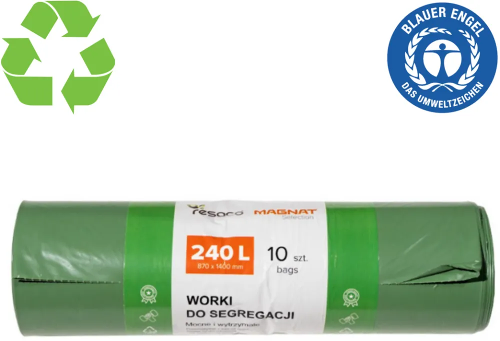 Resaco Saci plastic reciclat, standard, 240L, 87x140cm, 27 microni, 10buc/rola, RESACO - verzi
