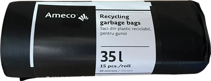 Ameco Saci plastic reciclabil, standard, 35L, 50x60cm, 20 microni, 15buc/rola, Ameco - negri
