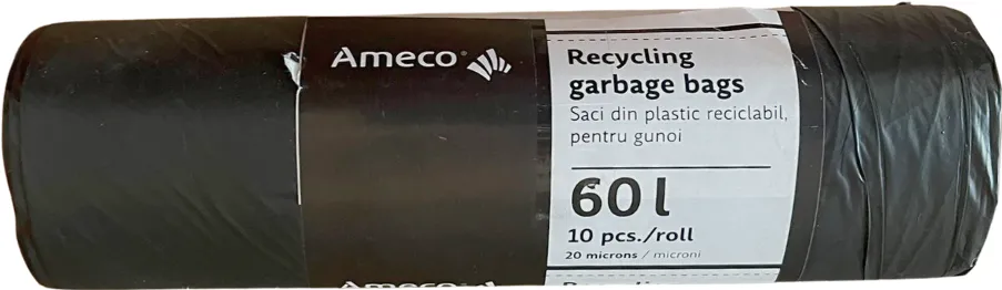 Ameco Saci plastic reciclabil, standard, 60L, 60x72cm, 20 microni, 10buc/rola, Ameco - negri