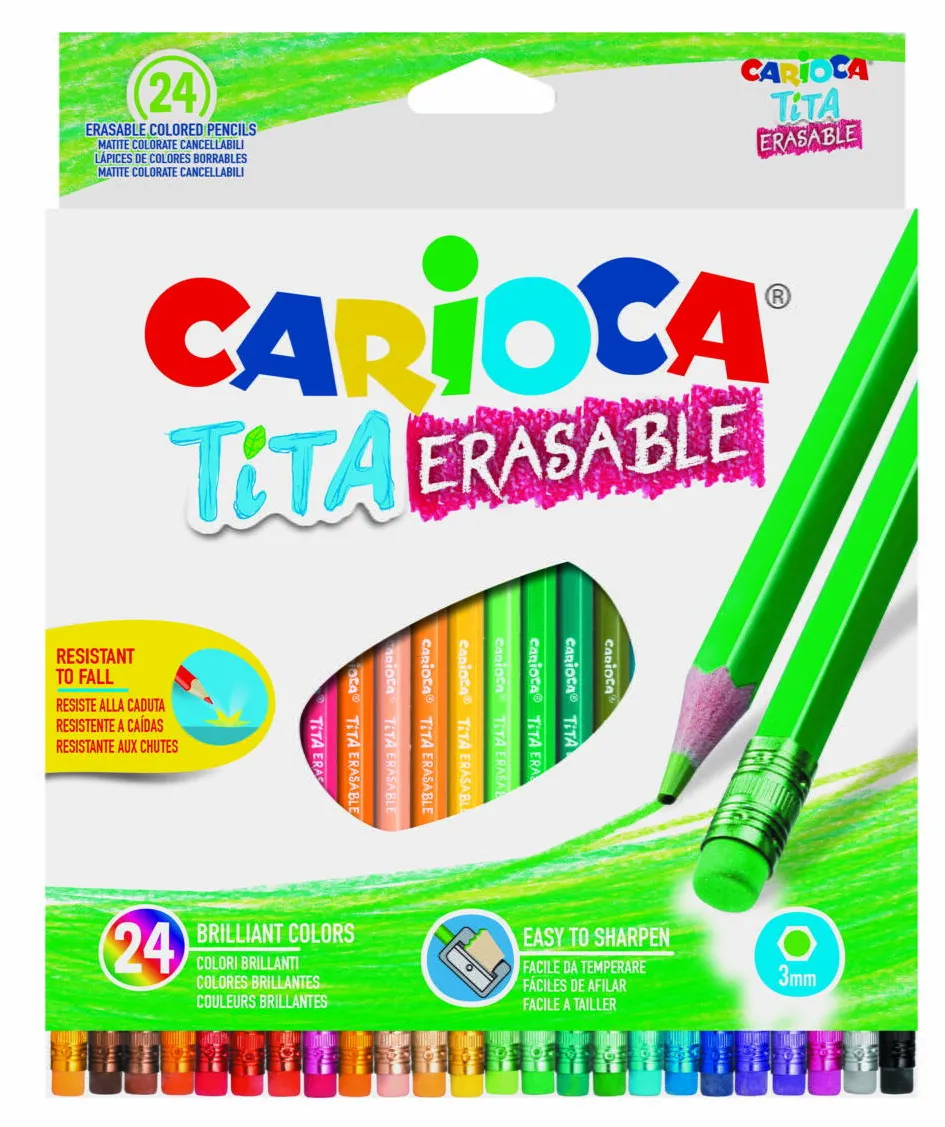 Carioca Creioane colorate CARIOCA Tita Erasable, hexagonale, flexibile, erasable, 24 culori/cutie, cu guma