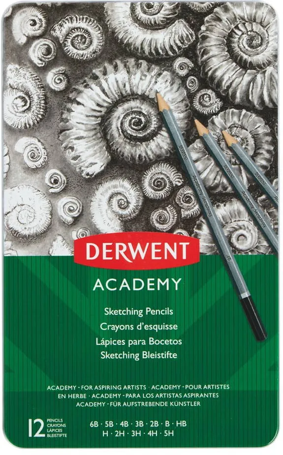 DERWENT Creioane Grafit 6B-5H DERWENT Academy, cutie metalica, 12 buc/set, negru