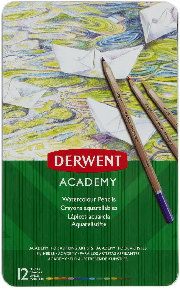 DERWENT Creioane acuarela DERWENT Academy, cutie metalica, 12buc/set, diverse culori