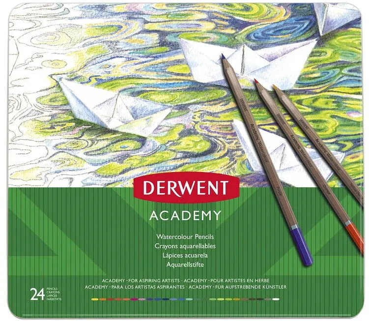DERWENT Creioane acuarela DERWENT Academy, cutie metalica, 24buc/set, diverse culori