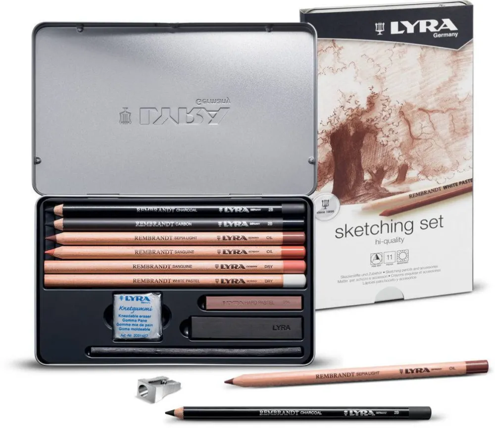 LYRA Creioane + accesorii, LYRA Rembrandt Sketching, pentru desene si schite, 11 piese/cutie metalica
