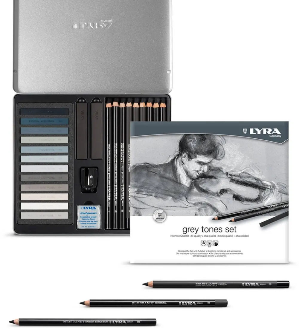 LYRA Creioane + accesorii, LYRA Rembrandt, pentru desene si schite, 25piese/cutie metalica-tonuri de gri