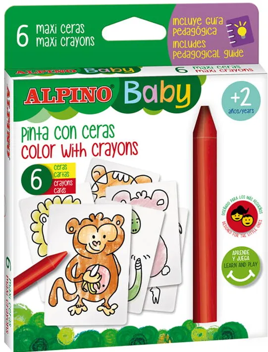 Alpino Creioane cerate, 6 culori/set, 6 carduri cu animale, pt. colorat, ALPINO Baby