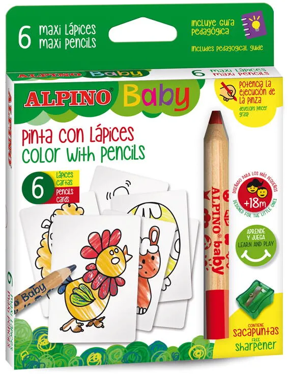 Alpino Creioane colorate, 6 culori/set, 6 carduri cu animale, pt. colorat, ALPINO Baby - Maxi