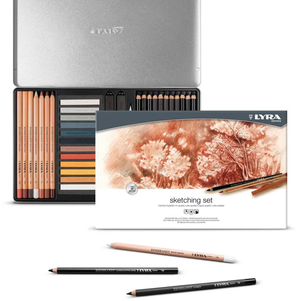 LYRA Creioane + accesorii, LYRA Rembrandt Sketching, pentru desene si schite, 27 piese/cutie metalica