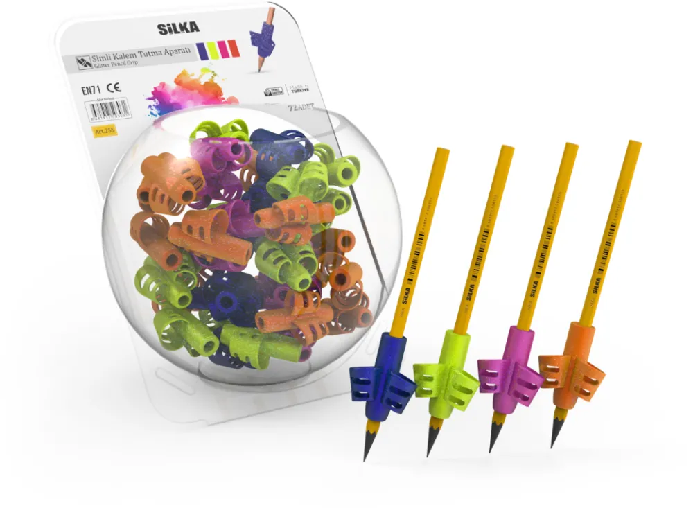 Silka Display silicon grip pt creion, pt scriere de mana la copii, 72buc/display, SILKA Glitter-design erg