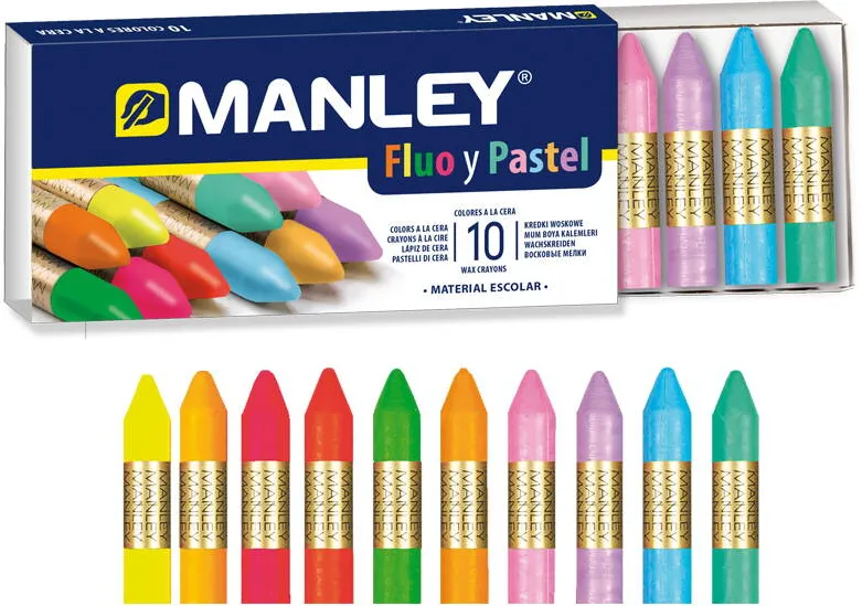 Manley Creioane cerate, cutie carton, metalice, 10 culori/cutie - Manley Fluo and Pastel