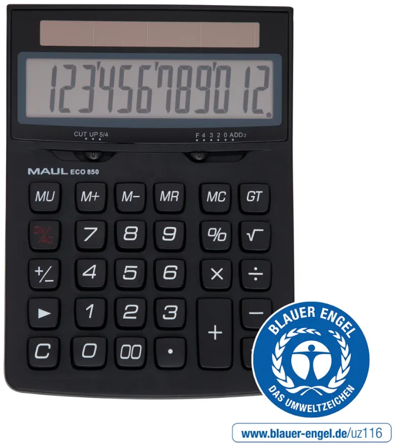 Maul Calculator de birou ECO850, 12 digits, realizat din plastic reciclat, incarcare solara - negru