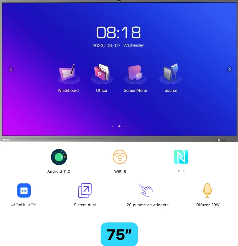 Horion Ecran interactiv HORION 75M5APro, 75 inch, 8GB DDR4 + 64GB Standard, MT9950, ARM A73