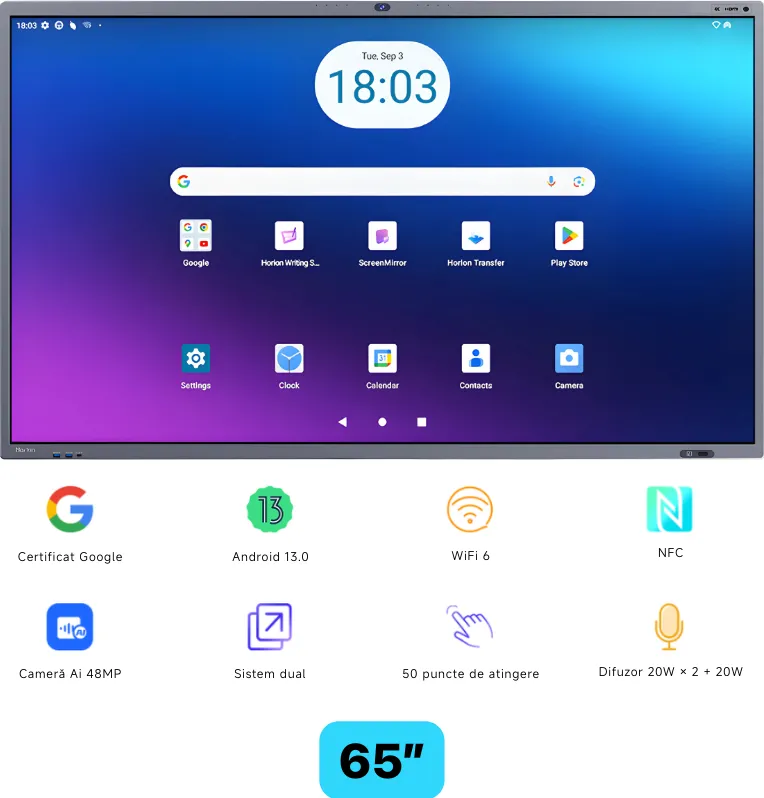 Horion Ecran interactiv HORION 65M6APro, 65 inch, 8GB DDR4 + 128GB Standard, Android 13, A31D2, octa core A