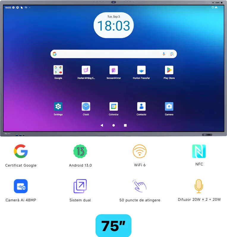 Horion Ecran interactiv HORION 75M6APro, 75 inch, 8GB DDR4 + 128GB Standard, Android 13, A31D2, octa core A