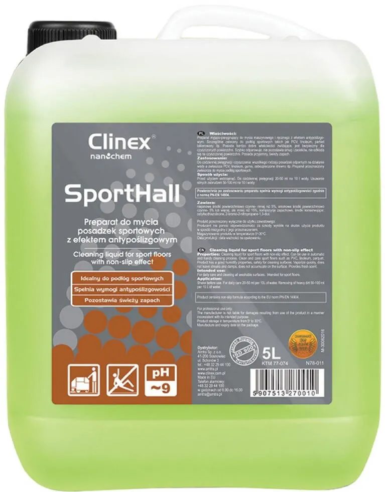 Clinex SportHall, 5 litri, detergent lichid, pentru curatare pardoseli sali de sport, anti-derapant
