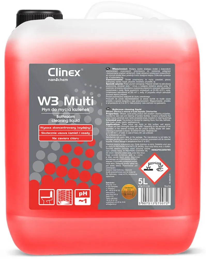 Clinex W3 Multi, 5 litri, detergent lichid, concentrat, pentru curatarea toaletelor si a bailor