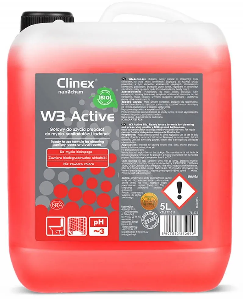 Clinex W3 Active Bio, 5 litri, detergent lichid pentru curatare toalete si bai