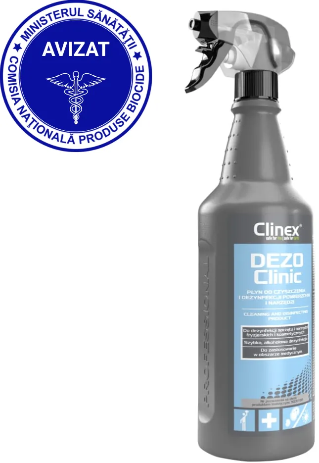 Clinex DEZOClinic, 1 litru, detergent dezinfectant pt. suprafete diverse, inclusiv unitati sanitare