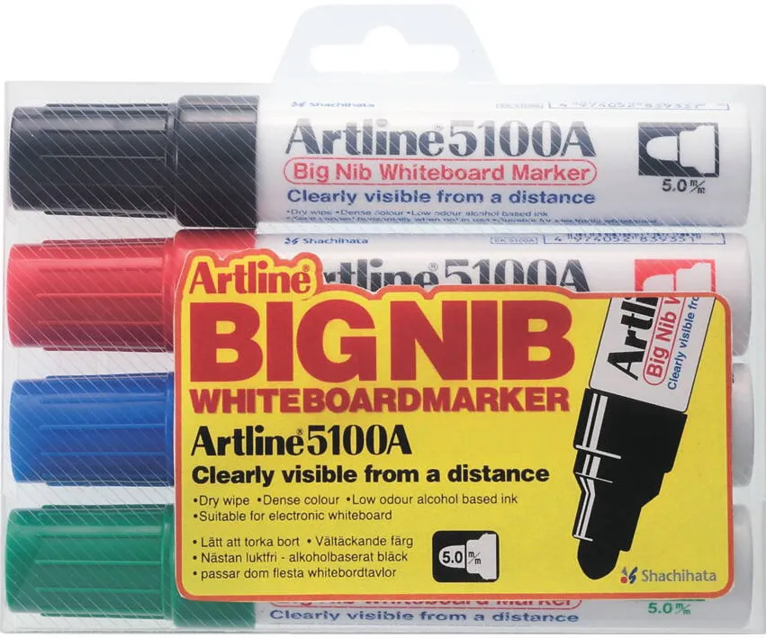 Artline Marker pentru tabla de scris ARTLINE 5100A, corp metalic, varf rotund 5.0mm, 4 culori/set