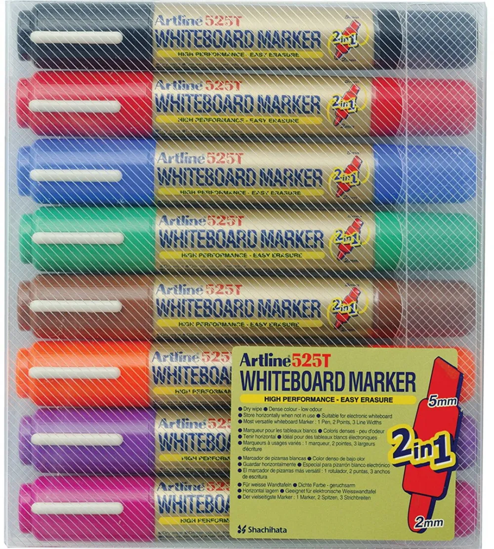 Artline Marker pentru tabla de scris ARTLINE 525T, doua capete - varf rotund 2.0mm/tesit 5.0mm, 8 culori/set