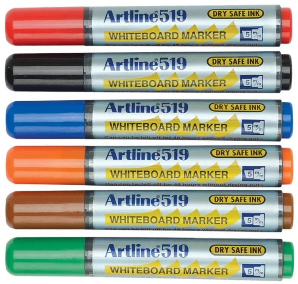 Artline Marker pentru tabla de scris ARTLINE 519 - Dry safe ink 48h, varf tesit 2.0-5.0mm, 6 culori/set