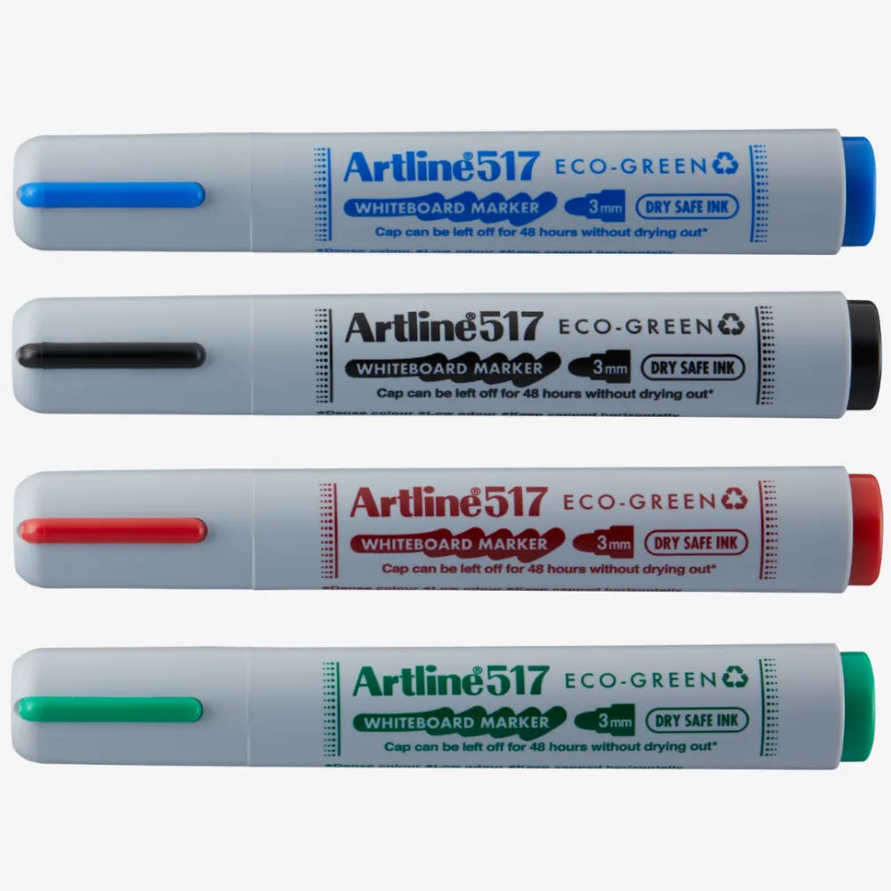 Artline Marker pentru tabla de scris ARTLINE 517 Eco Green - Dry safe ink 48h, varf rotund 3.0mm, 4 cul/set