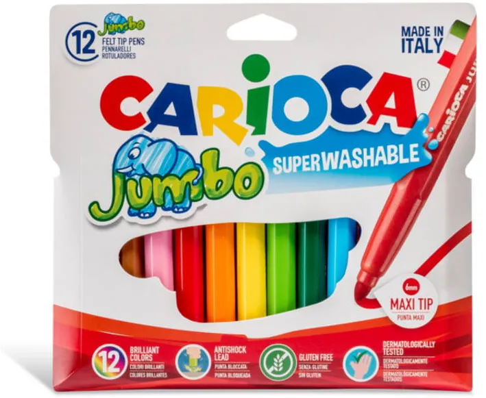 Carioca super lavabila, varf gros - 6mm, 12 culori/cutie, CARIOCA Jumbo