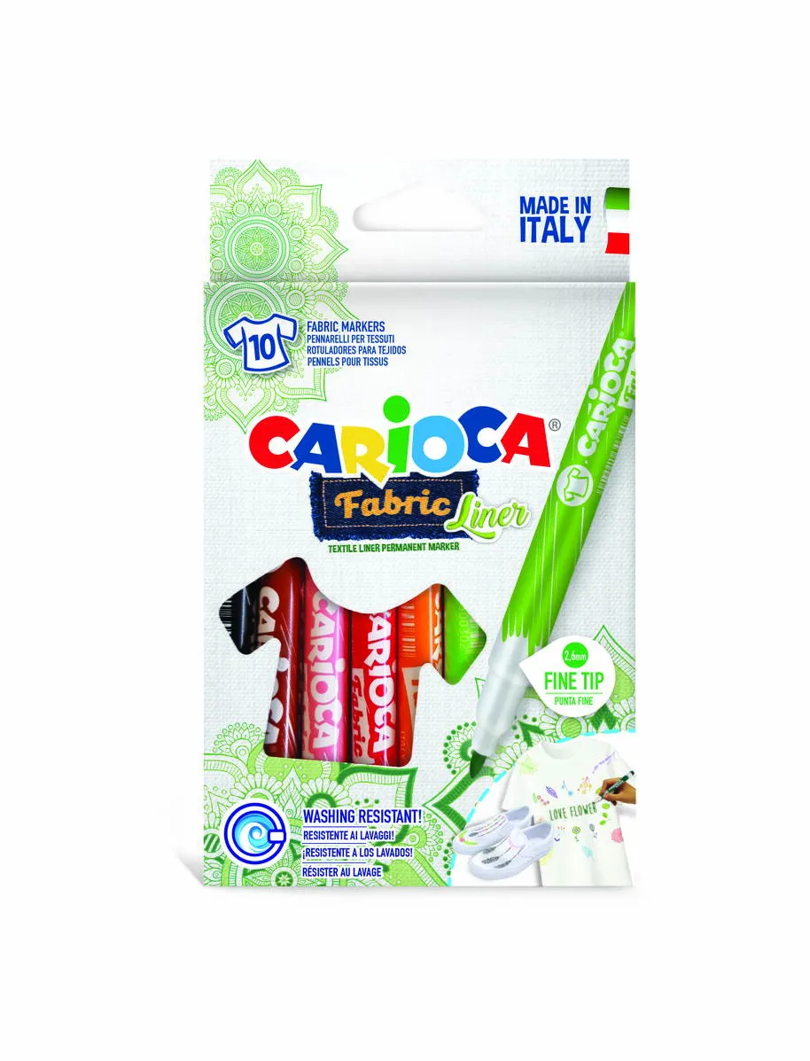 Carioca pentru textile, varf subtire-2.6mm, rezistent la spalare, 10 cul/cutie, CARIOCA Fabric Liner