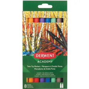 DERWENT Carioci DERWENT Academy, cu 2 capete, varf tip pensula si ascutit, 8buc/set, diverse culori