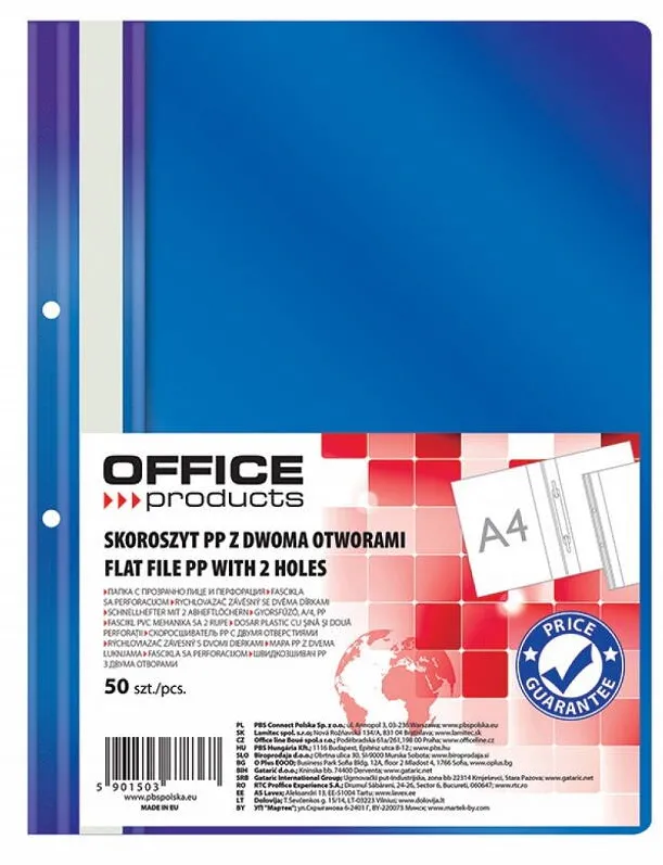 Office Products Dosar plastic PP cu sina, cu gauri, grosime 100/170 microni, 50 buc/set, Office Products - bleumarin