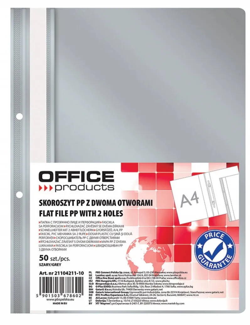 Office Products Dosar plastic PP cu sina, cu gauri, grosime 100/170microni, 50 buc/set, Office Products - gri