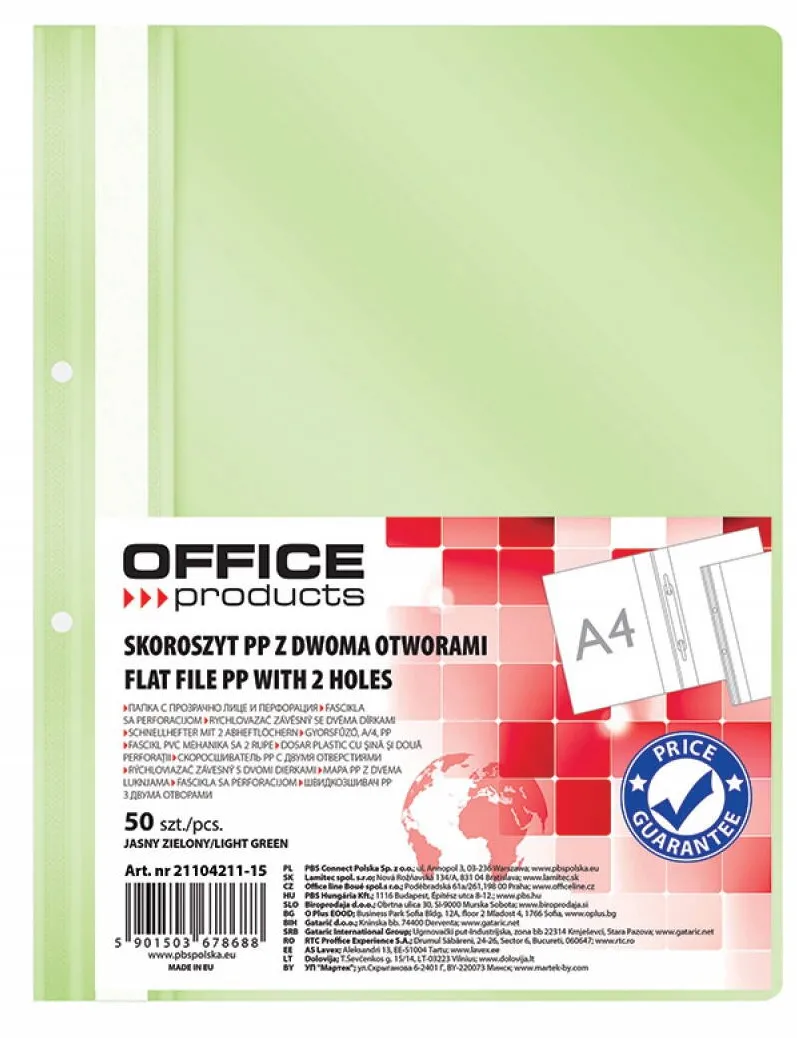 Office Products Dosar plastic PP cu sina, cu gauri, grosime 100/170microni, 50 buc/set, Office Products - verde desc