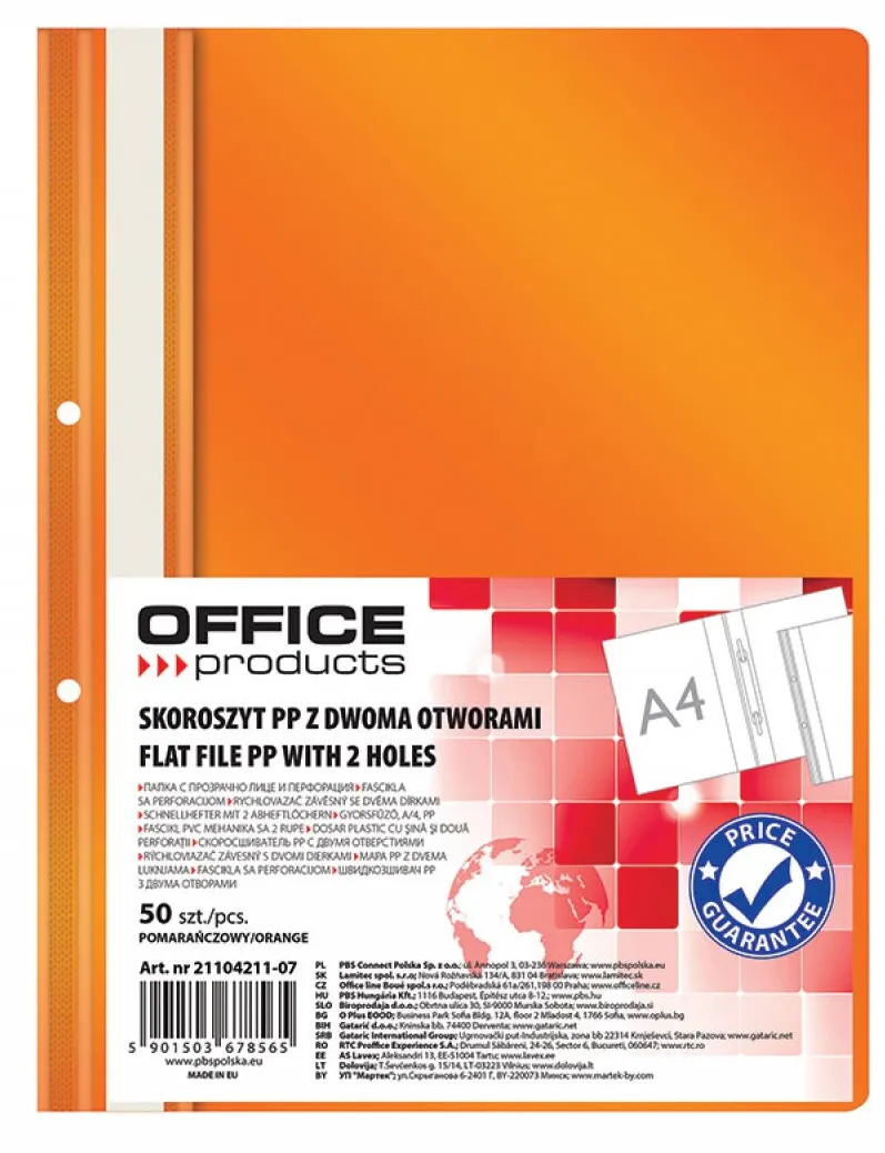 Office Products Dosar plastic PP cu sina, cu gauri, grosime 100/170microni, 50 buc/set, Office Products - orange