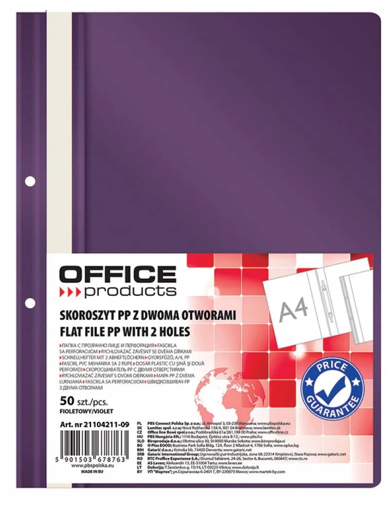 Office Products Dosar plastic PP cu sina, cu gauri, grosime 100/170microni, 50 buc/set, Office Products - violet