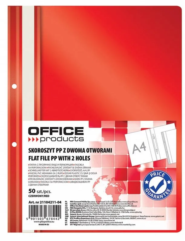 Office Products Dosar plastic PP cu sina, cu gauri, grosime 100/170 microni, 50 buc/set, Office products - rosu