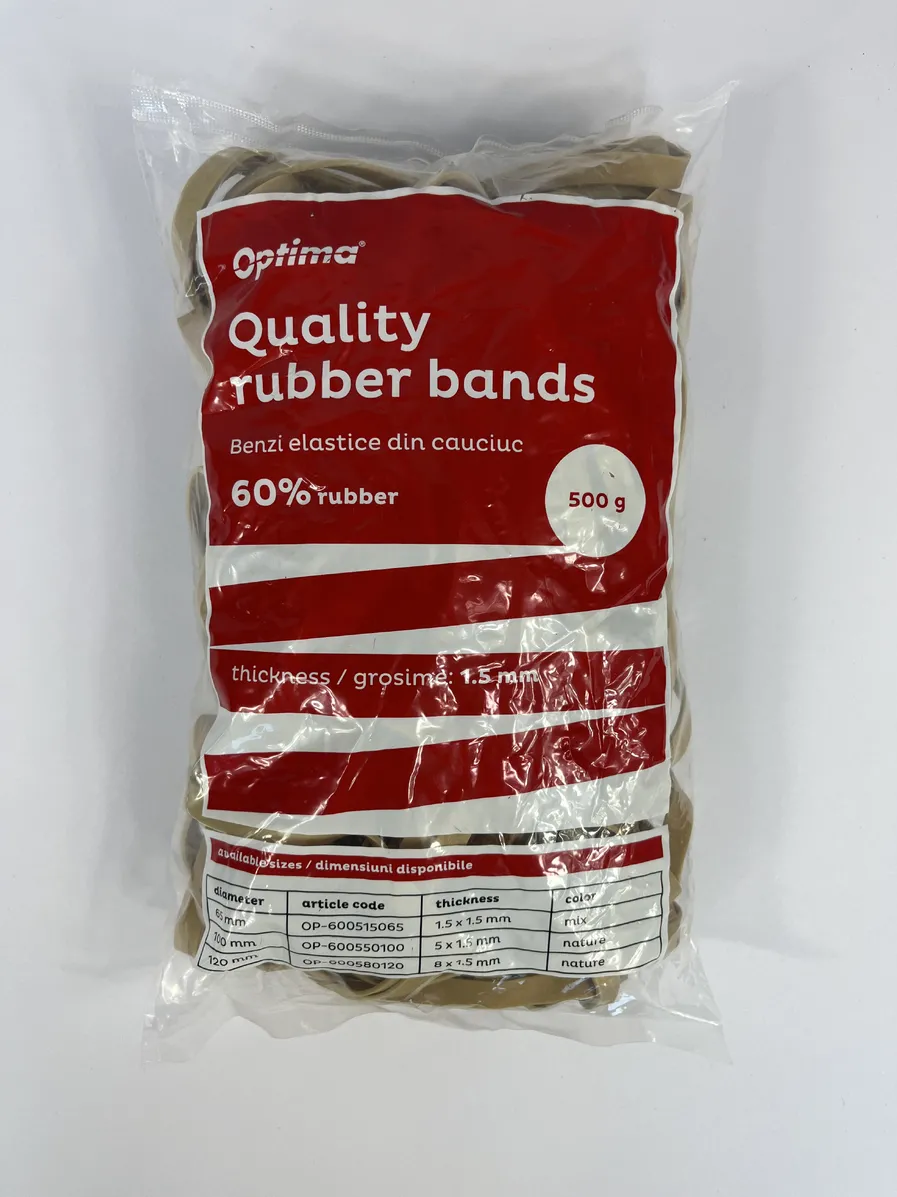 Benzi elastice Optima Elastice pentru bani, 60% cauciuc, 500gr/punga, D120, grosime 8mm x 1.5mm, Optima - natural