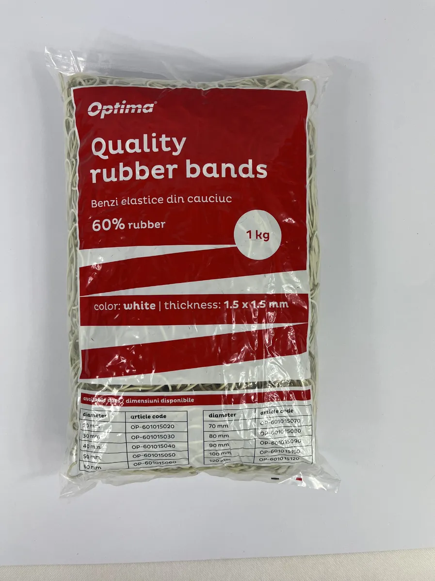 Benzi elastice Optima Elastice pentru bani, 60% cauciuc, 1kg/punga, D 90, grosime 1.5mm x 1.5mm, Optima - albe