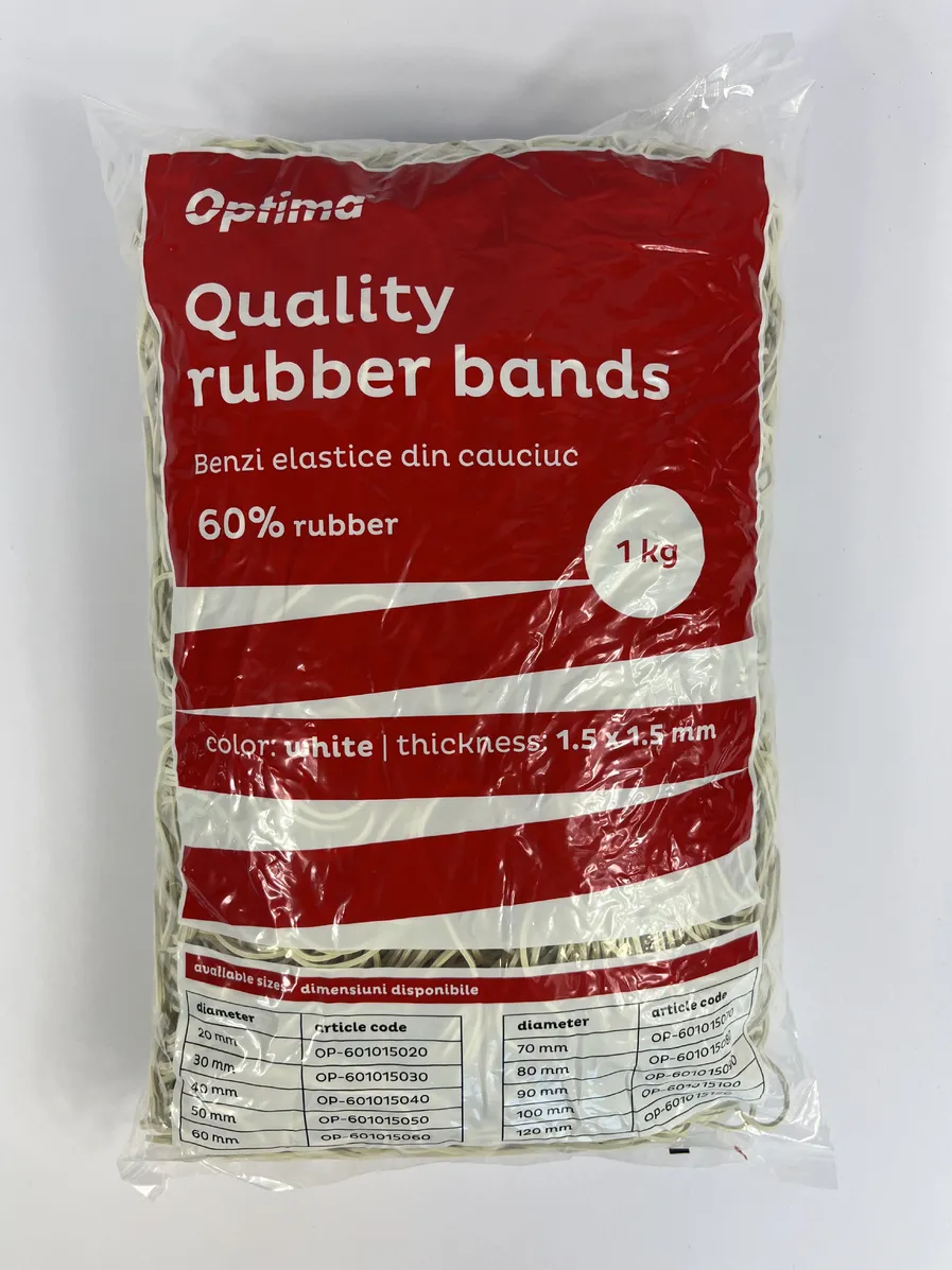 Benzi elastice Optima Elastice pentru bani, 60% cauciuc, 1kg/punga, D100, grosime 1.5mm x 1.5mm, Optima - albe