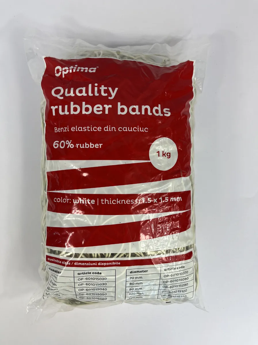 Benzi elastice Optima Elastice pentru bani, 60% cauciuc, 1kg/punga, D120, grosime 1.5mm x 1.5mm, Optima - albe
