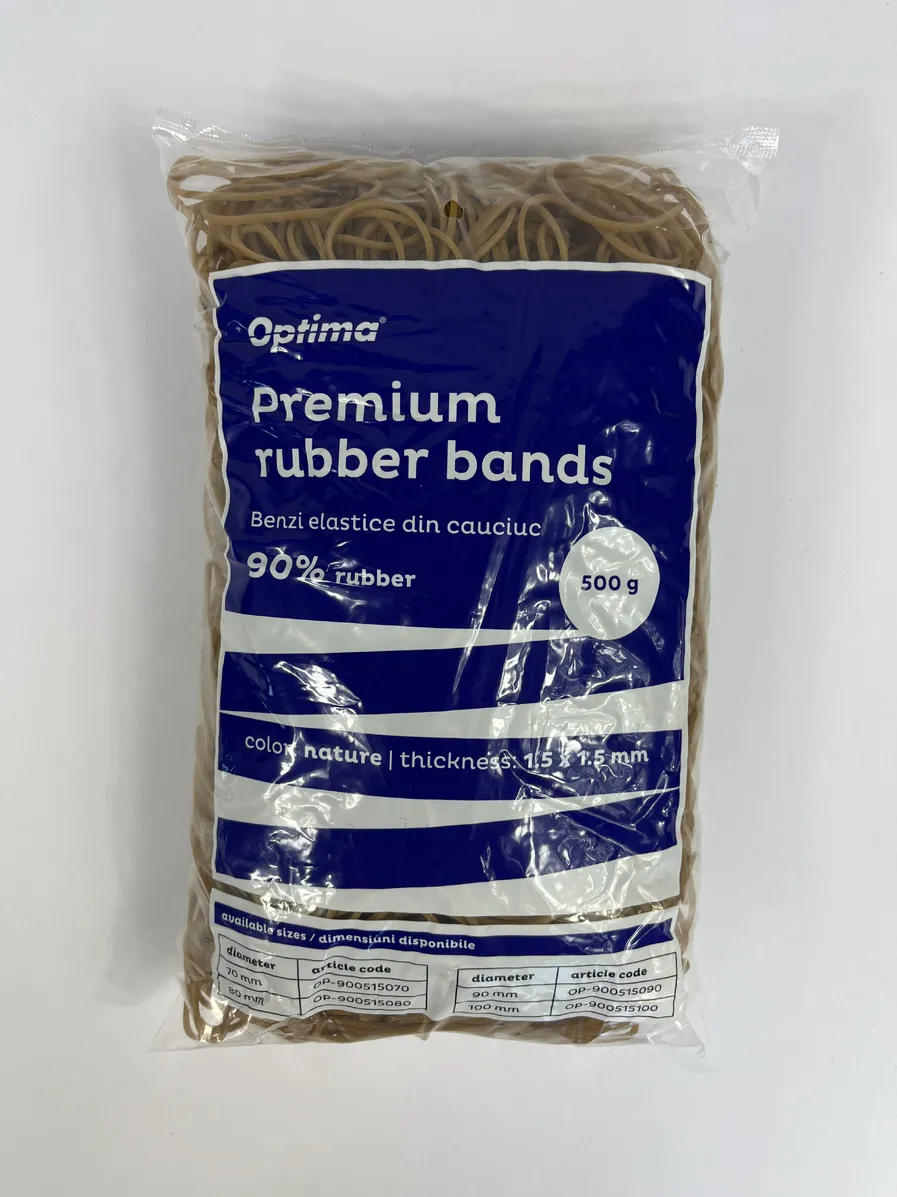 Benzi elastice Optima Elastice pentru bani, 90% cauciuc, 500gr/punga, D100, grosime 1.5mm x 1.5mm, Optima - natural