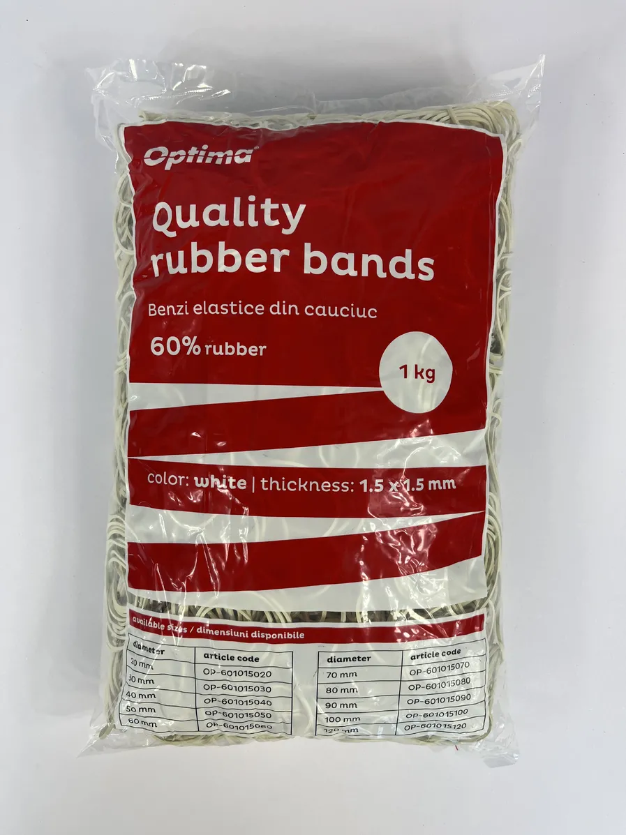 Benzi elastice Optima Elastice pentru bani, 60% cauciuc, 1kg/punga, D 30, grosime 1.5mm x 1.5mm, Optima - albe