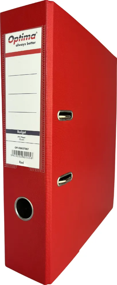 Biblioraft Optima Biblioraft A4, plastifiat PP/paper, margine metalica, 75 mm, Optima Budget - rosu