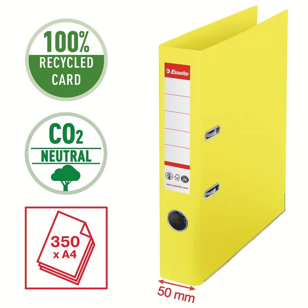 Esselte Biblioraft Esselte No.1 Power Recycled, carton CO2 neutru, 100% reciclat, FSC, A4, 50 mm, galben