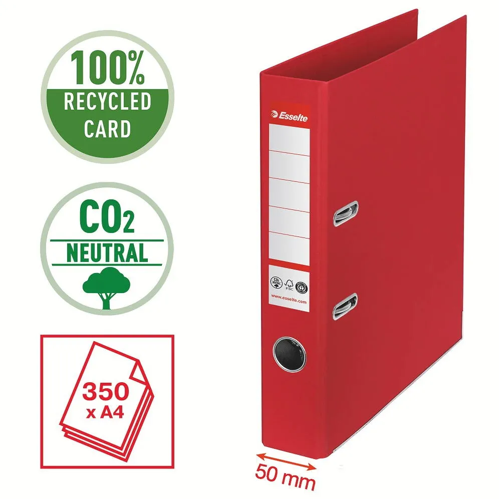 Esselte Biblioraft Esselte No.1 Power Recycled, carton CO2 neutru, 100% reciclat, FSC, A4, 50 mm, rosu