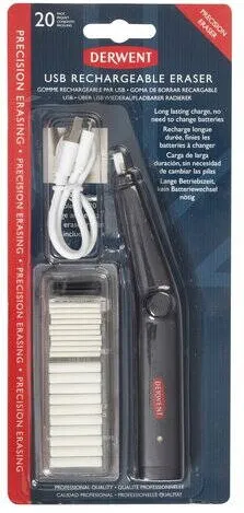 DERWENT Radiera electrica DERWENT Professional, reincarcabila, cablu USB si 20 de rezerve incluse, negru