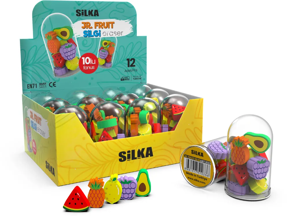 Silka Display cu radiere pt creion, 12 tuburi x 10 mini radiere/display, SILKA JR. Fruit - forme fructe
