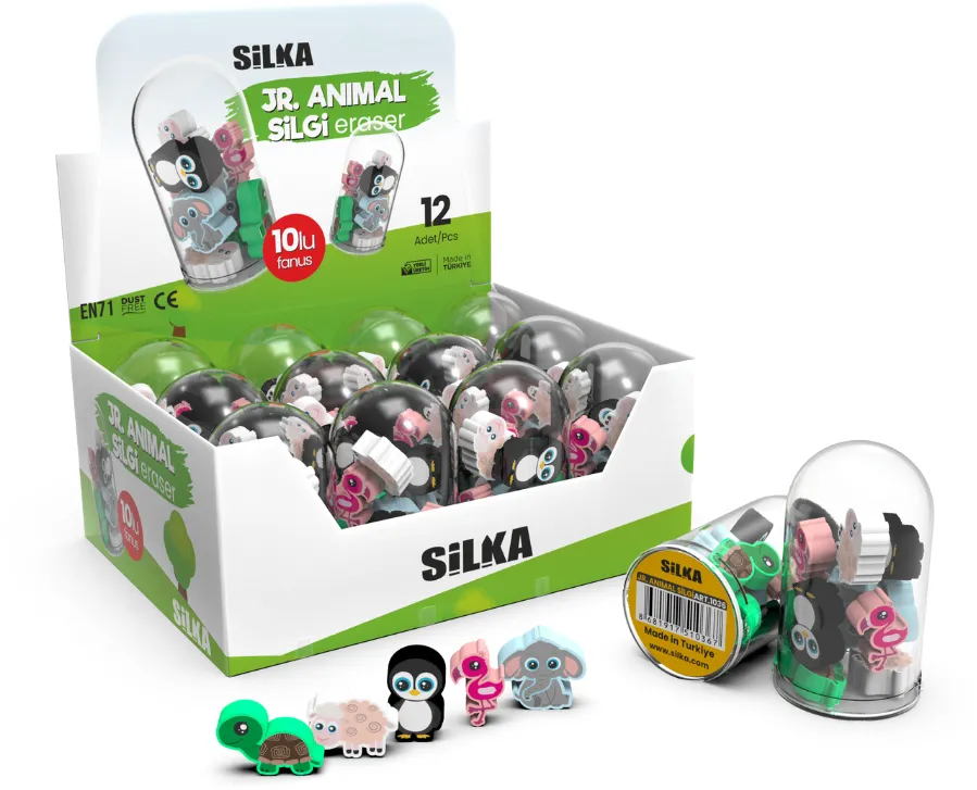 Silka Display cu radiere pt creion, 12 tuburi x 10 mini radiere/display, SILKA JR. Animal - forme animale
