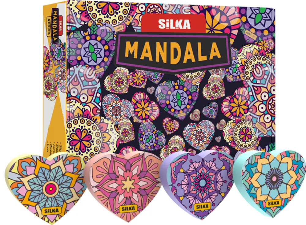 Silka Cutie cu radiere pt creion, nu lasa reziduuri, 36buc/cutie, SILKA Mandala-forma inima, design asorta
