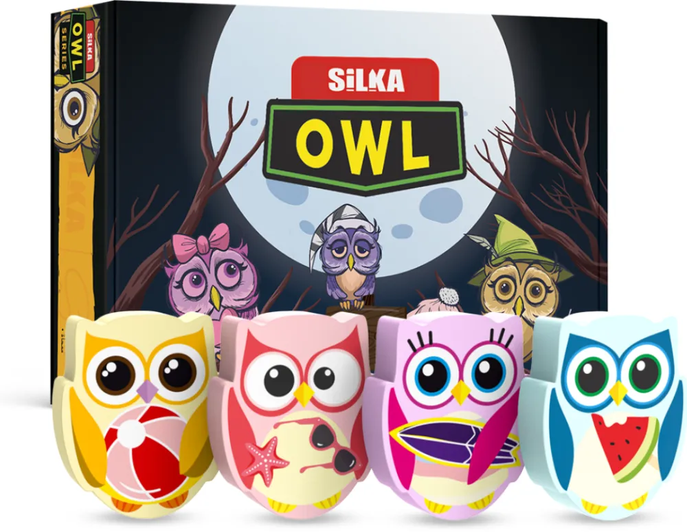 Silka Cutie cu radiere pt creion, nu lasa reziduuri, 36buc/cutie, SILKA Owl-forma bufnita, design asortat