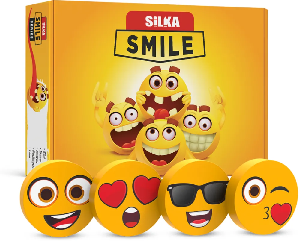 Silka Cutie cu radiere pt creion, nu lasa reziduuri, 36buc/cutie, SILKA Smile-forma rotunda, design asorta